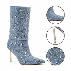 Tuhoomall Denim Blue Stiletto Boots, Chic Pointed Toe, Rhinestone Embellished, Scrunch Design for Parties and Casual Outings, 4.5-Inch Comfortable Heel Tuhoomall