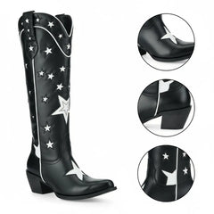 Tuhoomall Black Western Cowgirl Boots With Star Inlay, Chunky Heeled Mid Calf Design, Versatile Style For Weddings And Outdoor Events Tuhoomall