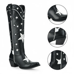Tuhoomall Black Western Cowgirl Boots With Star Inlay, Chunky Heeled Mid Calf Design, Versatile Style For Weddings And Outdoor Events