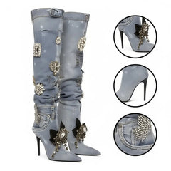 Tuhoomall Knee-High Stiletto Boots With Ruched Design, Pointed Toe, Jewel Embellishments, Stylish Slip-On, Perfect For Parties And Performances Tuhoomall