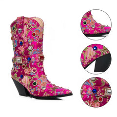 Tuhoomall Western Floral Embroidered Rhinestone Mid Calf Boots for Women, Chunky Heel, Water-Resistant Satin, Stylish for Spring Autumn Winter Tuhoomall