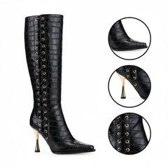 Tuhoomall Fashion Knee-High Boots for Women, Chic Style with Zipper and Stone Pattern, 9cm Stiletto Heels for Everyday and Work Use Tuhoomall
