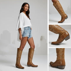 Tuhoomall Western Knee-High Cowgirl Boots with Embroidery, Chunky Heel, Slip-On Design for Outdoor Adventures