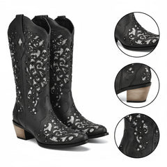 Tuhoomall Cowboy Boots for Women Western Square Toe Mid Calf White Cowgirl Boots Rhinestone Chunky Wedding