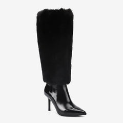 Tuhoomall Knee-High Faux Fur Booties with Zip Closure for Fashion Parties and Performances, Pointed Toe High Heels Tuhoomall