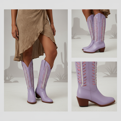 Tuhoomall Western Mid Calf Boots for Women, Embroidered Vegan Leather, Casual Chunky Heel, Spring Autumn Winter Fashion