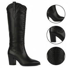 Tuhoomall Western Knee-High Boots for Women, 7cm Chunky Heels, Slip-On Style, Durable Woven Leather, Perfect for Work and Casual Occasions