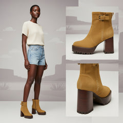 Tuhoomall Waterproof Chunky Heeled Ankle Boots for Outdoor, Work, and Casual Fashion - Adjustable Buckle, Zipper Closure, Quilted Suede