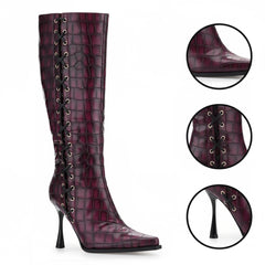 Tuhoomall Fashion Knee-High Boots for Women, Chic Style with Zipper and Stone Pattern, 9cm Stiletto Heels for Everyday and Work Use