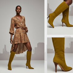 Tuhoomall Fashion Knee-High Boots for Women, Stylish Casual Wear with Chunky Heels and Zipper Detail, Versatile for Work and Everyday Use