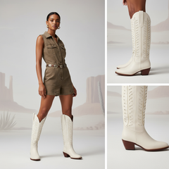 Tuhoomall Western Mid Calf Boots for Women, Embroidered Vegan Leather, Casual Chunky Heel, Spring Autumn Winter Fashion