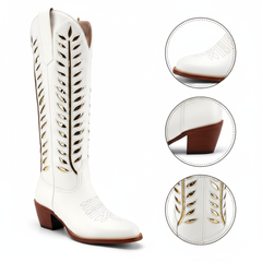 Tuhoomall Western Mid Calf Boots for Women, Embroidered Vegan Leather, Casual Chunky Heel, Spring Autumn Winter Fashion
