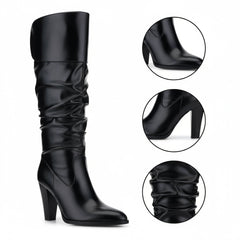 Tuhoomall Fashion Knee-High Boots for Women, Stylish Ruffled Design, 9cm Chunky Heel, Ideal for Casual Work and All Seasons Tuhoomall