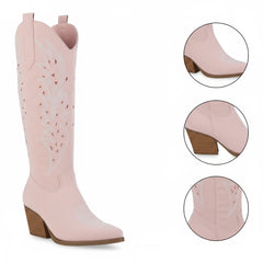 Tuhoomall Western Knee-High Boots For Women With Embroidery And Zipper, Chunky Heel For Travel, Outdoor, Fashion Casual, Party And Dance