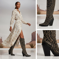 Tuhoomall Western Style Mid Calf Cowboy Boots with Chunky Heel, Pointed Toe, Zipper Closure, Studded Design, Vegan Leather, Ideal for Spring, Fall & Winter