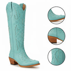 Tuhoomall Western Knee-High Cowboy Boots With Chunky Heel, Stylish Suede , Chic Patchwork Design For Comfort In Casual Outfits Tuhoomall