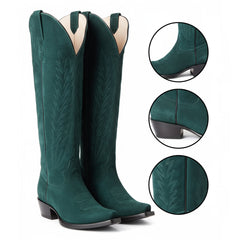 Tuhoomall Mid-Calf Western Boots for Women, Faux Suede, Embroidered, Snip Toe Design, 5.1 cm Chunky Heel, Casual and Office Wear, All Seasons Tuhoomall