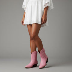 Tuhoomall Western Ankle Boots for Women, Floral Embroidery, Chunky Heel 1.97 in, Slip-On, Stylish Casual for All Seasons, High Ankle