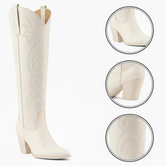 Tuhoomall Western Floral Embroidered Knee-High Boots for Women - Comfortable Slip-On Design with Chunky Heel for Parties and Daily Wear
