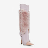 Tuhoomall Heel Fashion Boots for Women, Elegant Pointed Toe High Heels with Studs and Faux Fur, Ideal for Parties and Performances