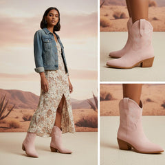 Tuhoomall Western Ankle Boots with Embroidered Pattern, 5cm Chunky Heel, Slip-On Design for Fashion and Travel, Durable Synthetic Fabric Lining