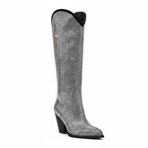 Tuhoomall Shiny Rhinestone Knee-High Boots for Parties and Performances, Stylish Pointed Toe Design, 9cm Chunky Heel, All-Season Wear