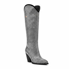 Tuhoomall Shiny Rhinestone Knee-High Boots for Parties and Performances, Stylish Pointed Toe Design, 9cm Chunky Heel, All-Season Wear