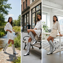 Tuhoomall Western Mid Calf Boots for Women, Embroidered Pointed Toe, Chunky Heel, Slip-On Design for Casual Style