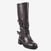 Tuhoomall Knee-High Stylish PU Combat Boots for Women with Adjustable Buckles and Metallic Accents, Casual and Formal Wear, Comfortable Low Chunky Heel