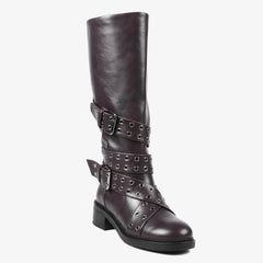 Tuhoomall Knee-High Stylish PU Combat Boots for Women with Adjustable Buckles and Metallic Accents, Casual and Formal Wear, Comfortable Low Chunky Heel Tuhoomall