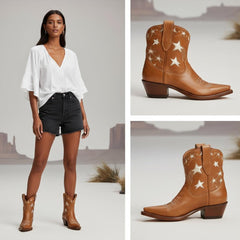 Tuhoomall Western Cowboy Ankle Boots for Women, Vegan Leather, Chunky 2" Heel, Snip Toe Design, Stylish Star Appliqué, All-Season Fashion