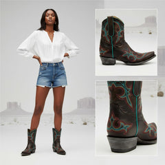 Tuhoomall Fashion Western Ankle Boots for Women with Floral Embroidery, Casual Stylish High Ankle Design, Durable Rubber Sole, All-Season Comfortable Wear