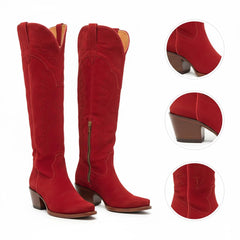 Tuhoomall Faux Suede Knee High Western Boots with Embroidered Eagles for Fashion, Travel, and Parties, 2.36 in Chunky Heel