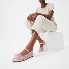 Tuhoomall Comfortable Rhinestone Ballet Flats for Women - Casual Blue Mesh Slip-On Shoes with Low Heel and Round Toe