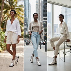 Tuhoomall Metallic Silver Chunky Heel Ankle Boots - Stylish Snip Toe Design, Effortless Slip-On, Perfect for Casual and Office Wear