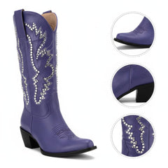 Tuhoomall Western Ankle Boots for Women, Chunky Heel, Rhinestone Embroidery, Slip-On, All-Season Comfortable Casual Style Tuhoomall