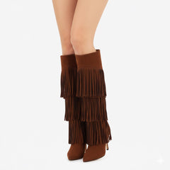 Tuhoomall Fashion Women's Knee-High Boots with Fringe Detail, Stylish Pointed Toe, and 10.7cm Stiletto Heel for Parties and Performances