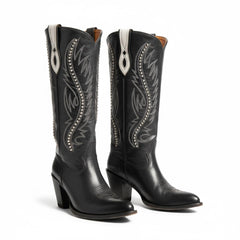 Tuhoomall Retro Studded Mid Calf Boots for Women, Pointed Toe Chunky Heel Slip-On Footwear, Stylish Casual Performance Design