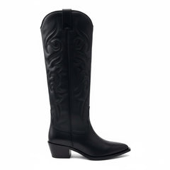 Tuhoomall Western Knee-High Boots for Women, Embroidered Chunky Heel, Slip-On Style, Pointed-Toe, Premium Leather, All Seasons Fashion Tuhoomall