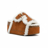 Tuhoomall Blue Faux Suede Fur-Lined Studs Double Buckle Strap Round Platform Cork Sandals Slippers Tuhoomall