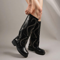 Tuhoomall Comfortable Knee-High Boots with Geometric Patterns, Low Heel, Perfect for Performances and Casual Fashion