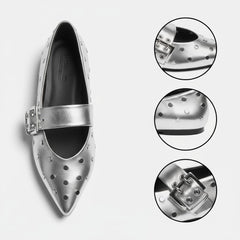 Tuhoomall Comfortable Pointed-Toe Flat Shoes with Adjustable Buckle for Casual Party Style - Studded Genuine Leather Upper, Rubber Sole