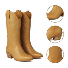 Tuhoomall Western Chunky Heel Women's Cowboy Boots, Comfortable Slip-On, Retro Embroidered Design, Non-Slip Sole for Travel and Casual Wear