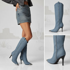 Tuhoomall Stylish High Heel Ankle Boots with Zipper, 10cm Stiletto, Rubber Sole, Metallic Shine, Denim Finish for Fashion, Casual, Office