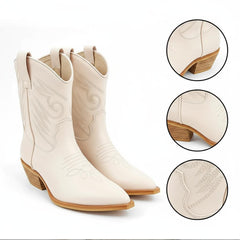 Tuhoomall Metallic Cowboy Ankle Boot with Chunky Block Heel, Pointed Toe, Embroidered Design for Casual Fashion Use, Vegan Leather, All Seasons