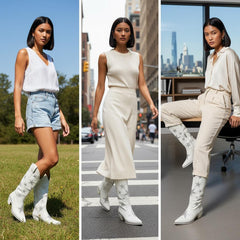 Tuhoomall White Cowgirl Boots With Rhinestones, Pointed Toe, Chunky Heel 6cm, Fashion Casual Style For Travel, Weddings, Year-Round Wear