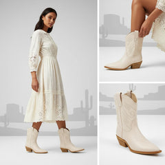 Tuhoomall Metallic Cowboy Ankle Boot with Chunky Block Heel, Pointed Toe, Embroidered Design for Casual Fashion Use, Vegan Leather, All Seasons