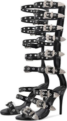 Tuhoomall High Heel Sandals for Parties & Events, Open Toe Design with Adjustable Buckle, Summer Fashion Knee-High Boots, Rubber Sole, Stylish Performance Footwear