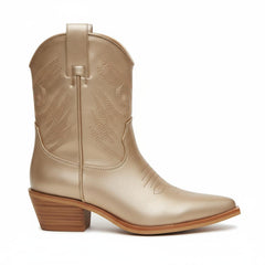 Tuhoomall Metallic Cowboy Ankle Boot with Chunky Block Heel, Pointed Toe, Embroidered Design for Casual Fashion Use, Vegan Leather, All Seasons