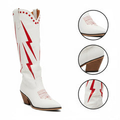 Tuhoomall Western Cowgirl Mid Calf Boots with Chunky Heel, Pointed Toe, Embroidered Design, Slip-On Style for Fashionable Casual Wear